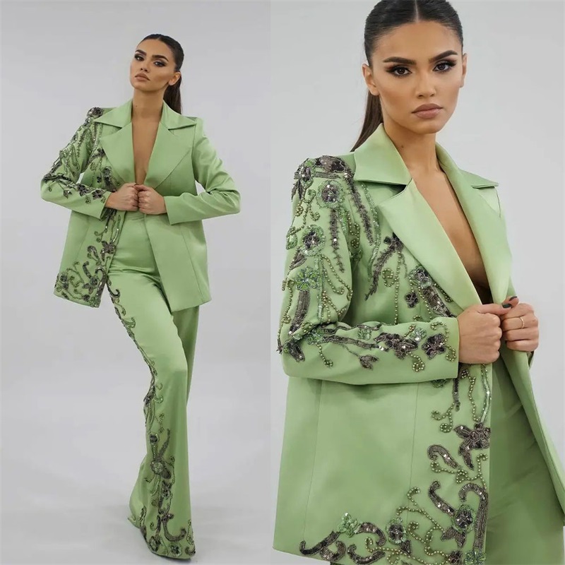 Women Formal Wear Designers - Designer Green Satin Women Suits Set